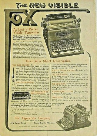 Grand Rapids Michigan,  Fox Visible Typewriter,  Vintage 1906 Antique Print Ad