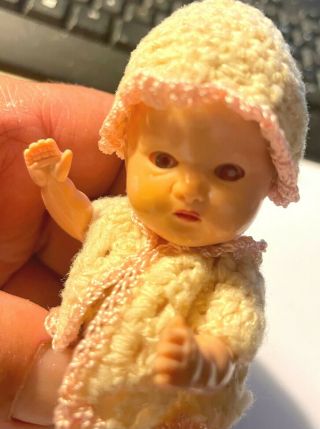 Vintage 5 " Hollywood Doll Sleepy Eye Hard Plastic Doll With Crochet Clothing