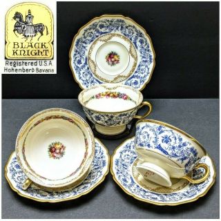 Set Of 3 Vintage Black Knight Hohenberg Bavaria Marguerite Footed Cups & Saucers