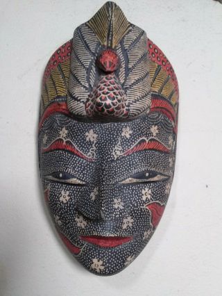 Interesting Vintage Asian Carved And Painted Wood Wall Sculpture,  Mask