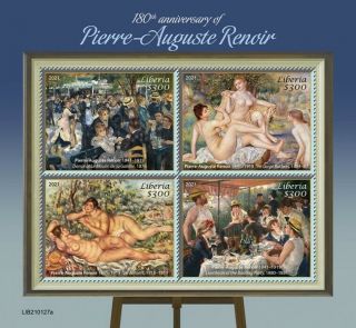 Liberia Art Stamps 2021 Mnh Pierre - Auguste Renoir Nude Paintings Nudes 4v M/s