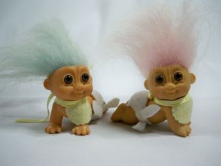 Russ 2 " Crawling Pink Hair Baby Girl & Blue Hair Baby Boy Troll Dolls