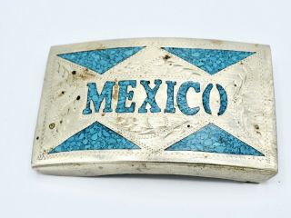Vintage Mexican Alpaca Silver Alloy Belt Buckle Inlaid Turquoise Mexico Souvenir