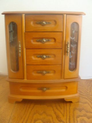 Vtg Solid Wood Jewelry Box W/fold Out Etched Floral Glass Doors & 5 Drawers,