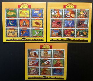 3 Uganda Disney Lion King Stamps Sheets 1994 Mnh Mufasa Simba Nala Timon Hyena