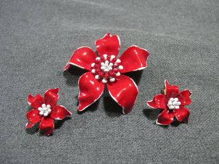 Vintage Signed Art Red & White Enameled Flower Pin Brooch,  Earrings