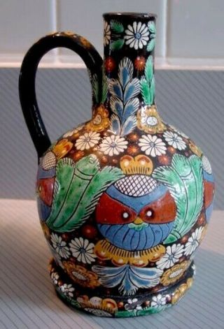 Antique Thoune Swiss Folk Art Pottery Jug Decanter Ornate Owls & Flowers