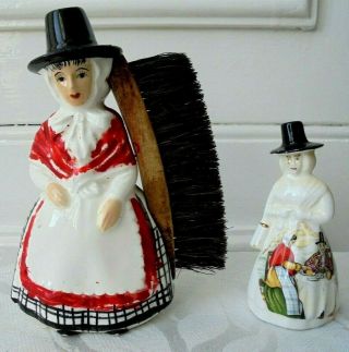 2 Welsh Women 1 Rare Vintage Ceramic Figurine Bristle Brush,  Bone China Bell