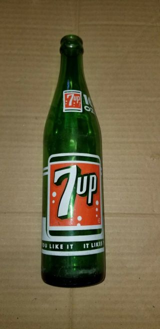 Vintage 7up Soda Bottle Green Glass Painted Label 16 Ounces