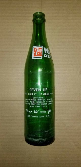 Vintage 7up Soda Bottle Green Glass Painted Label 16 ounces 2