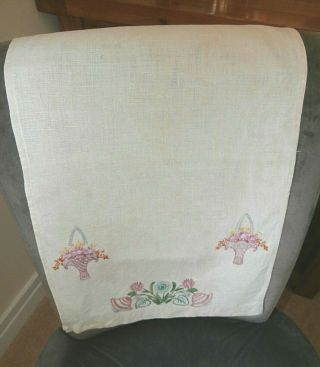 Vintage Beige Irish Linen Hand Embroidery Chair Back Cover 13 " X 30 " Floral