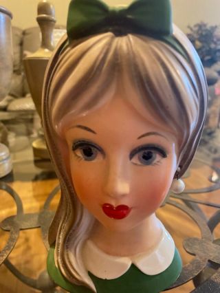 Large Vintage Antique 7 3/4 " Napco Teen Girl Head Vase Bow C8494 Napcoware Green
