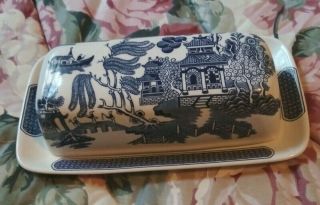 Churchill Asian Blue Willow Ceramic Covered Butter Dish With Lid England
