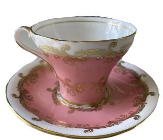 Aynsley Corset Shape Tea Cup And Saucer Set Pink With Gold Scroll Trim Vintage