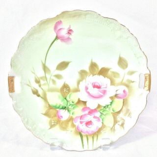 Lefton China Green Heritage Rose Handled Cake Serving Plate 1 Avail 719 9 " D