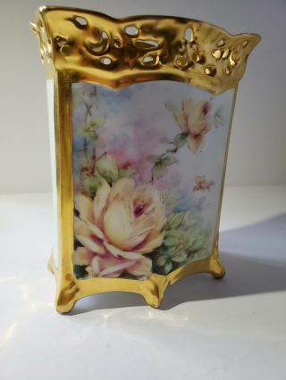 Vtg Bavaria,  Hand Painted Rectangular Porcelain Vase,  Gold W/ Yellow Roses