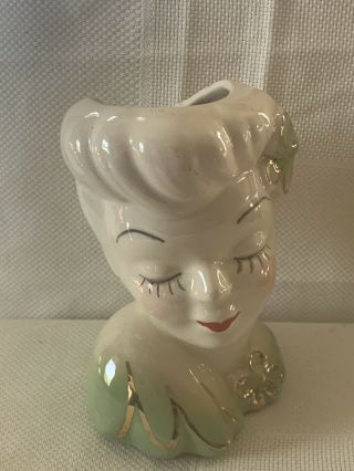 Vintage Lady Head Vase Glamour Girl Green W/ Flower In Hair Head Vase Gold Trim