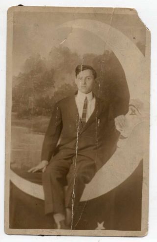 Man Sitting On Paper Moon Studio Real Photo Vintage Postcard Aa40254