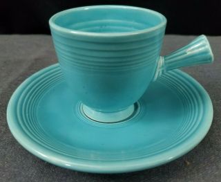 Vintage Fiesta Ware Turquoise Stick Handle Demitasse Cup & Saucer Faded Mark