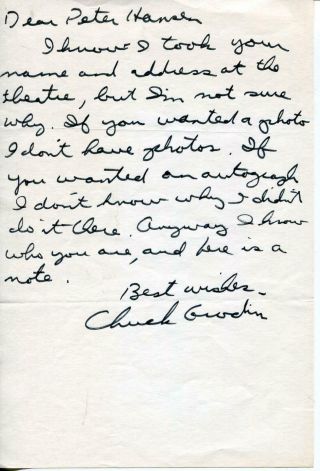 Charles Grodin Autograph Signed Note Actor The Heartbreak Kid