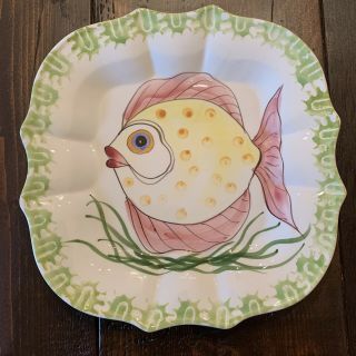 2 ZANOLLI Italian Hand Painted Square Fish Plate - - Scalloped Edge 11 inch 2