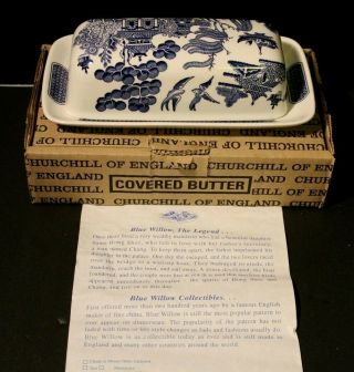 Churchill Blue Willow England Covered Butter Dish W/ Box