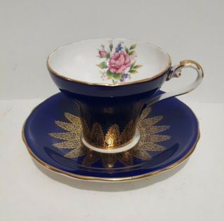 Aynsley Cup And Saucer Cobalt Blue Gold Corset Pink Roses
