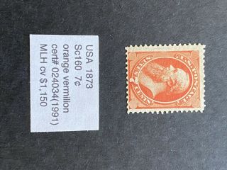 Us 1873 Scott 160 7c Mh Stamp Witg Certificate