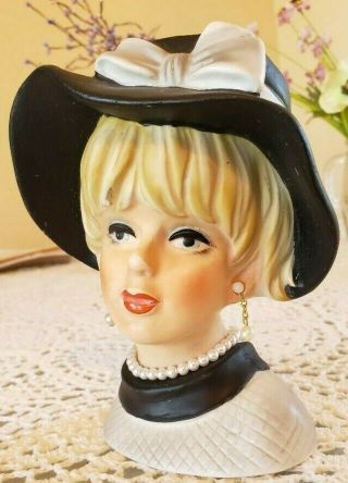 Vintage Lady Head Vase - Napcoware C7494 - 6.  0 " Black Hat Lhv