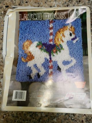 Vtg Nyc Latch Hook Kit Carousel Unicorn Horse 20x27 Merry Go Round National Yarn