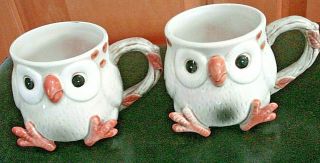 Vintage 1973 Fitz & Floyd Hand Painted Spotted Owl Coffee Cups - Set Of 2 Great