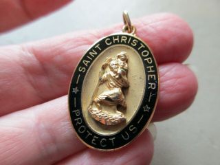 Antique Vintage 12k Gold Filled Black Enamel Saint Christopher Fob Charm Pendant