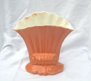 Vintage Red Wing Pottery Fan Vase Usa 1295 Salmon Pink With White Interior