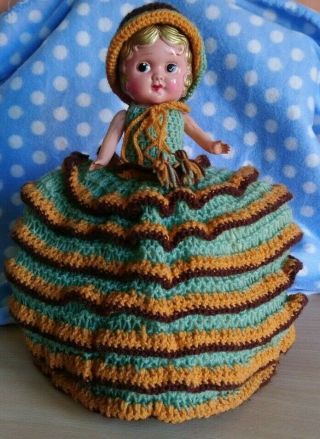 Vintage Crinoline Crochet Tea Cosy - Half Doll - Celluloid - Kewpie? - England