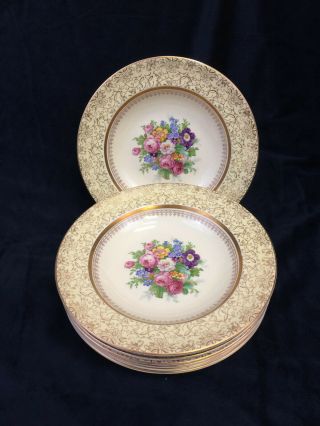 Set Of 8 Steubenville Floral Rose Yellow Rim Scrolls Soup Bowls Vintage Usa