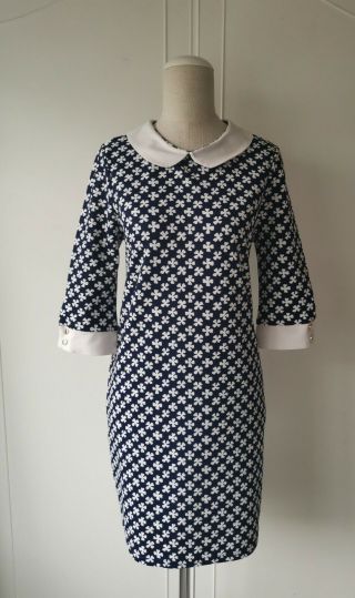 River Island Retro Vintage Style Blue & White Shift Dress Collar Detail Size 10