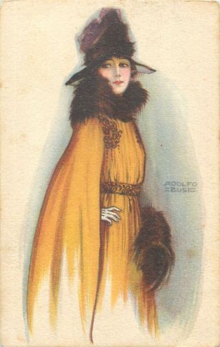 Adolfo Busi Signed Vintage Postcard Elegant Lady Fashion Outfit Fancy Hat
