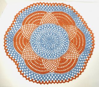 Vintage Hand Crocheted Large Doily Round Blue Coral 17.  5” X 16”