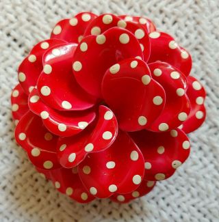 Vintage Layered Flower Pin Brooch 3d Bright Red White Polka Dots 2 - 1/2 "