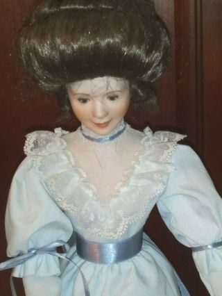 Vintage Elegant Victorian Porcelain Doll Blue Dress 16 " With Stand