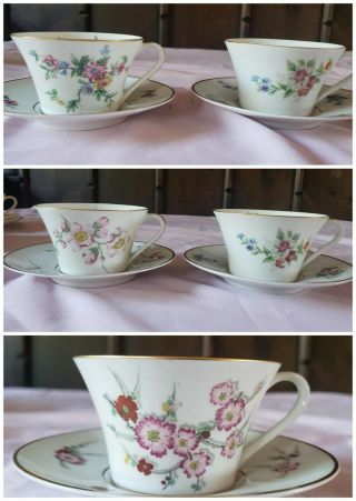 Set Of 5 Vintage A Lanternier & Co.  Limoges Flared Summer Tea Cups W/ Saucers