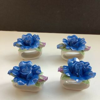 Royal Albert Midnight Rose Blue Sculpted Rose Napkin Rings Set Of 4