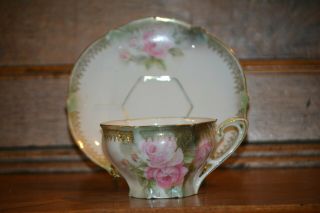 Rs Prussia Teacup & Saucer - Green Background - Pink Roses - Gold Trim
