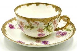 Exquisite Antique Haviland H&co Limoges Hand Painted Gold Encrusted Cup & Saucer