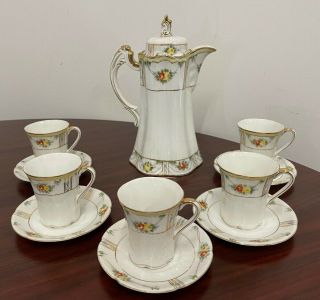 Antique Set Coffee Hot Chocolate Pot 5 Cups Saucers Nippon Hand Painted Floral