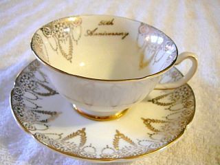 Vintage Royal Grafton 50th Anniversary Gold Filigree Gilt Tea Cup & Saucer