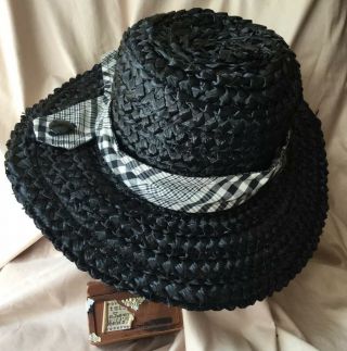 Vintage 1950’s Black Straw Wide Brim Hat W/ Bow Union Made Caprice Ny