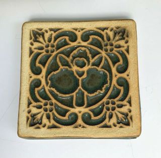 Two Famed Traditional Pewabic Detroit Tiles Handmade Flower 4 Ins Green & Yellow