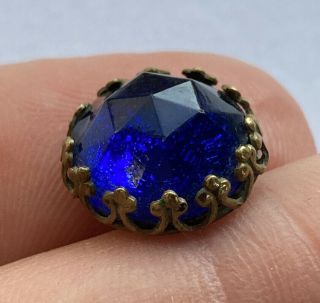 Antique Vintage Faceted Cobalt Blue Glass In Prong Set Metal Button Waistcoat
