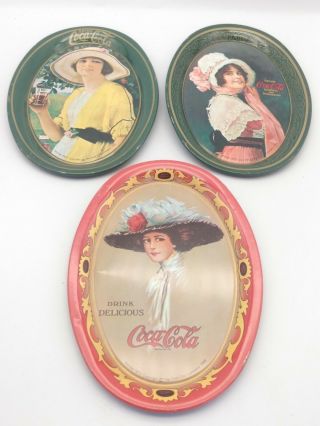 Vintage 1973 Small Oval Coca Cola Lady Tin Tip Tray Advertising Change Tray